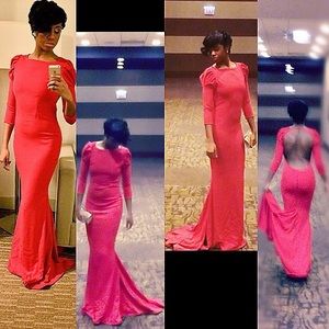 Long sleeve Backless custom made gown with train